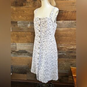 Gap White Grey Black Floral Linen Bib Front Button Down Dress w Pockets 10 Tall